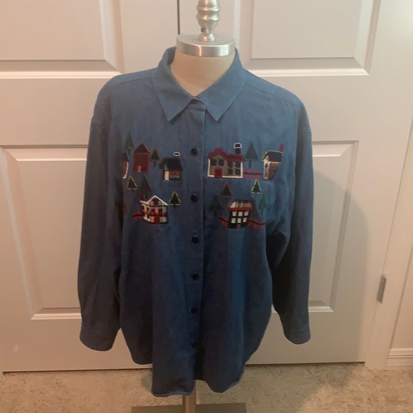 Talbots Tops - TALBOTS LIGHT DENIM EMBROIDERED TOP GU SZ XL